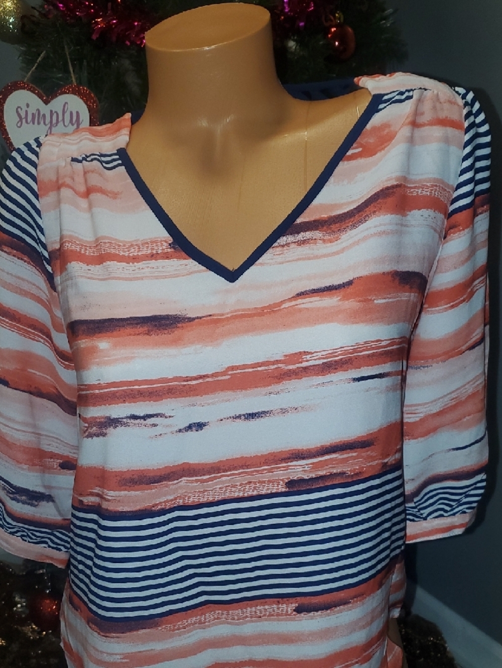 Iz Byer Striped V-Neck Blouse in Coral, Navy & White - Picture 2 of 7